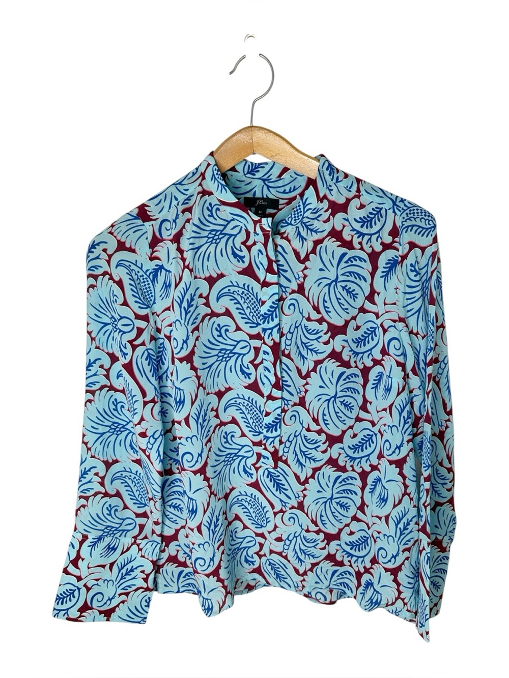 J. Crew Silk Tunic In Aqua Paisley Size Medium Popover Barrel Cuffs Boho Groovy